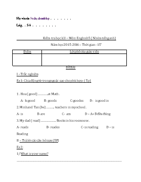 Kiểm tra học kì I  Môn Enghish 5